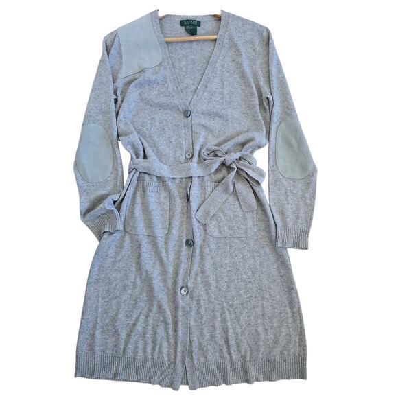 Ralph Lauren Sweaters - Ralph Lauren Long V-neck Cardigan Silk Cashmere Blend Gray Size L Leather Patch